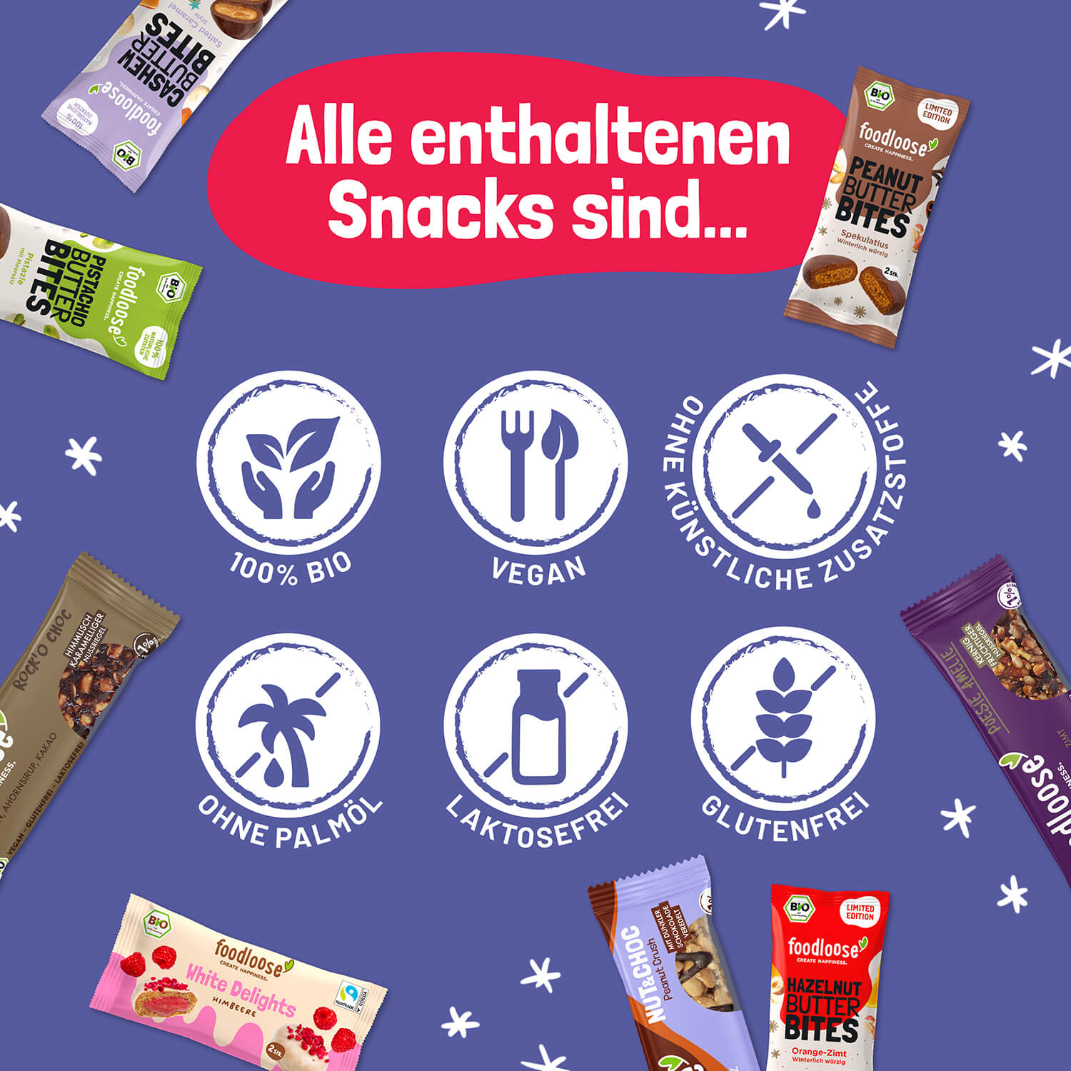 Grafik mit Eigenschaften der Snacks im Foodloose Adventskalender 2025: 100 % bio, vegan, natürlich süß, ohne Palmöl, laktosefrei, glutenfrei