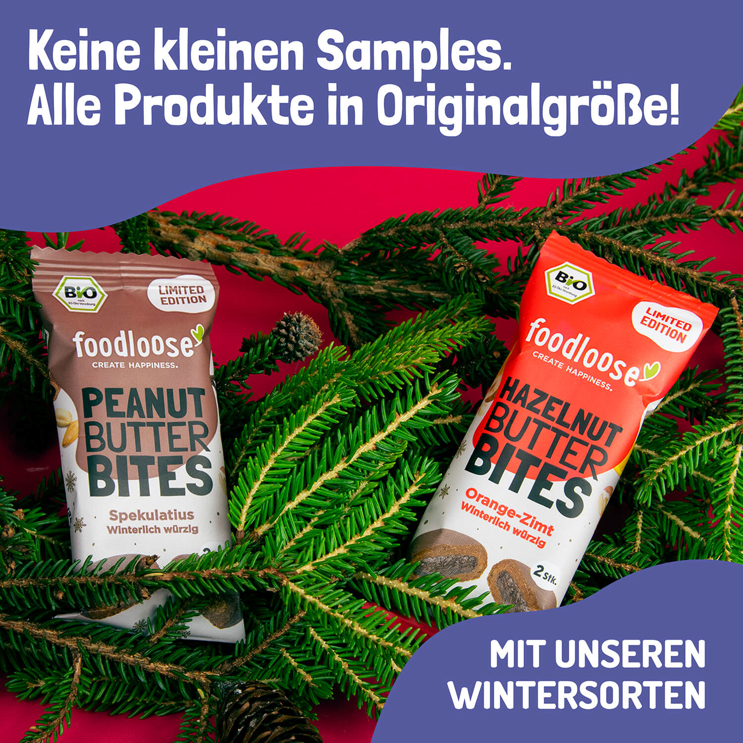 foodloose Peanut Butter Bites in winterlichen Sorten, Hinweis: keine kleinen Proben, alle Produkte in Originalgröße