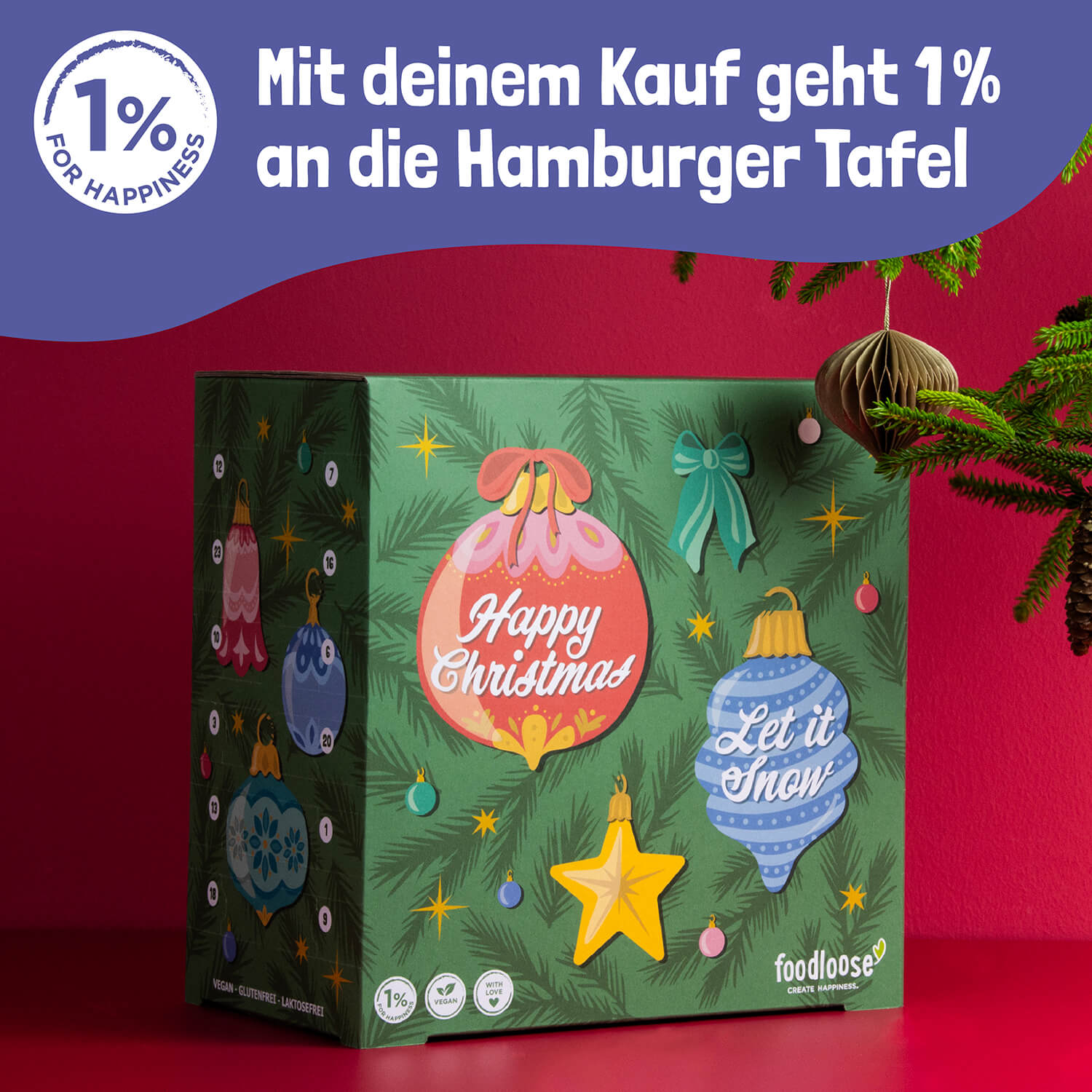 foodloose Adventskalender 2025, Hinweis: 1 % des Kaufpreises geht als Spende an die Hamburger Tafel