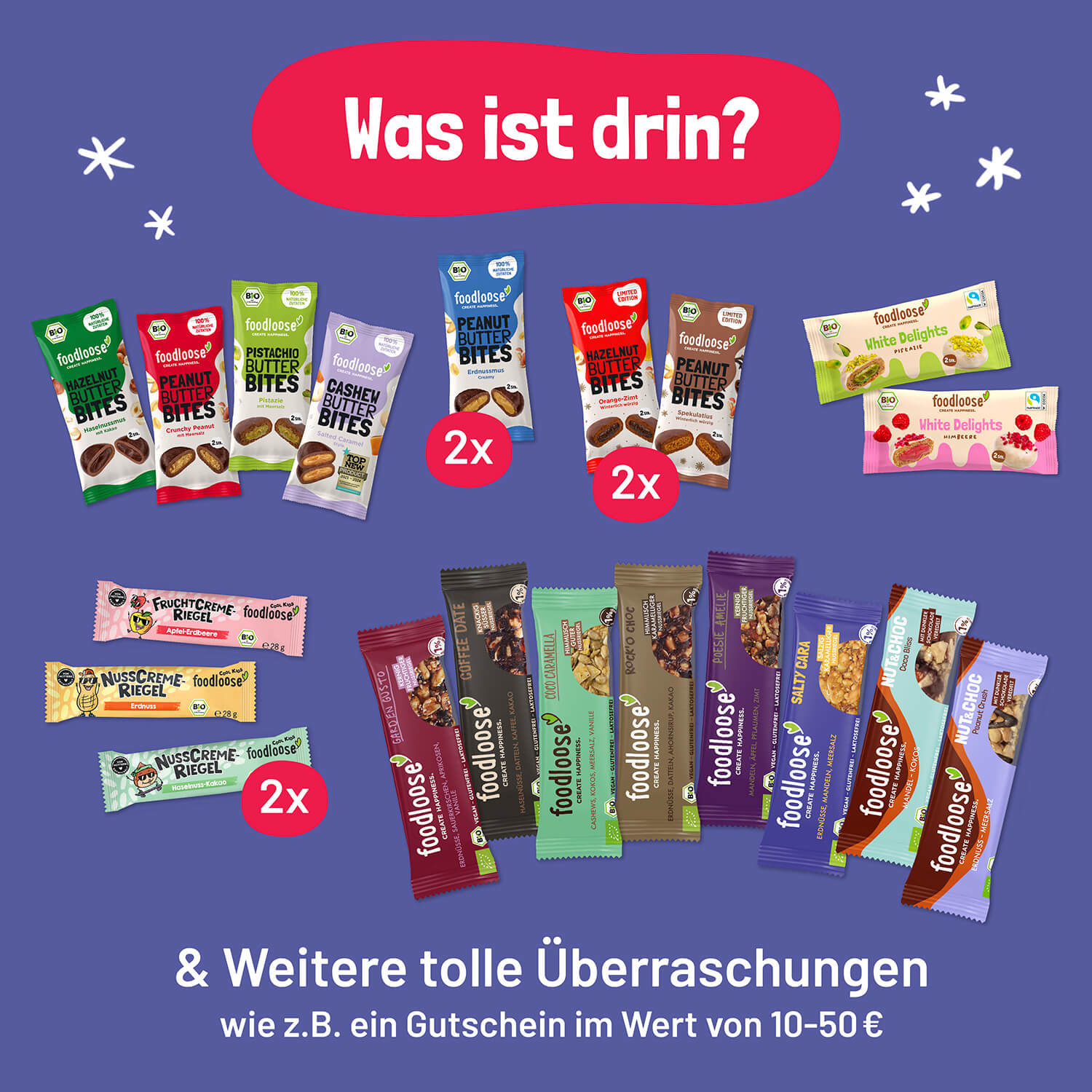 Übersicht der enthaltenen Snacks im Foodloose Adventskalender 2025, mit doppelten Snacks und zusätzlichen Überraschungen wie Gutschein im Wert von 10–50 €